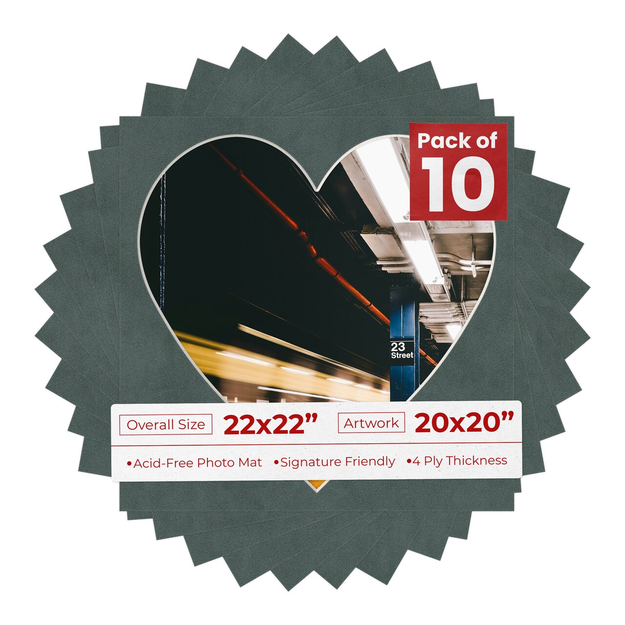 Dark Grey Suede Mat Board for 22x22 Frames - Heart Opening for 20x20 Photos